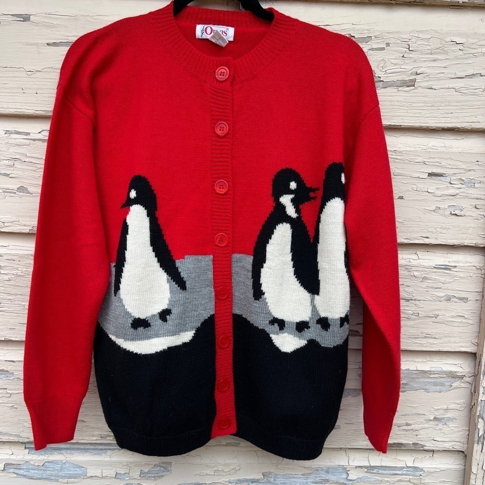 Vintage 70s 80s Orvis 100% Wool Penguins Holidays Cardigan Sweater M
